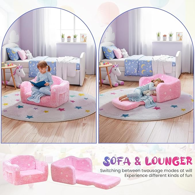Lamerge 2-in-1 Toddler Couch,Glow in The Dark Baby Floor Bed,Foldable Toddler Chair Kids Sofa for playroom,Convertible Sofa to Lounger for Girls and Boys (Rainbow and Unicorn)