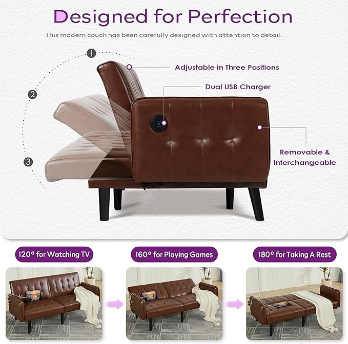 TYBOATLE 65“ Convertible Futon Sofa Bed w/ 2 USB,Tufted Small Adjustable Folding Couch Loveseat, Modern Mid Century Faux Leather Sleeper Sofa for Living Room, Bedroom,Office, Brown