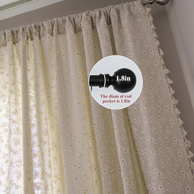 ENJOYBRIDAL Floral Curtains 63 Inch Length 2 Panels Short Drapes Tassel Rod Pocket Semi-Sheer Boho Daisy Bedroom Living Room Farmhouse Rustic Bohemian Window Curtain Panels