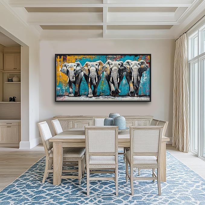 Olivine Elephant Large Wall Art, Banksy Wildlife Pictures Wall Decor, Graffiti Elephant Painting, Teal Canvas Prints, Framed Artwork for Dining Room Living Room Bedroom Bathroom Office Home 60"x30"