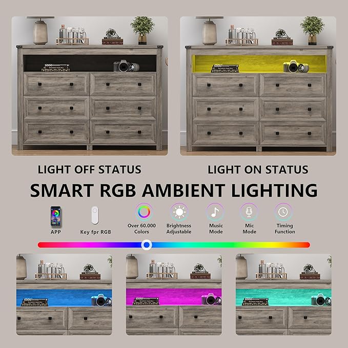 Dresser for Bedroom with 6 Drawers, Wide Chest of Drawers with LED Light and Power Outlet, Wooden Closet Organizer Clothes Storage Cabinet, Modern Double Dressers for Living Room, Hallway, Grey