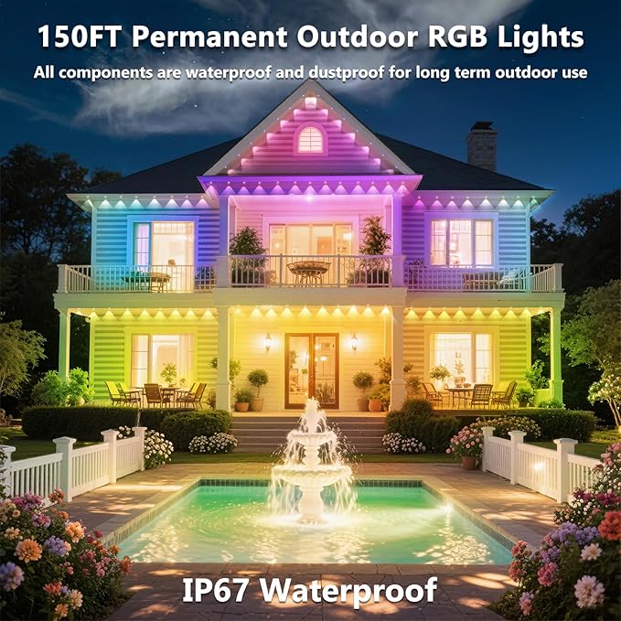 150FT Permanent Outdoor RGB Lights, IP67 Waterproof Smart Eave Lighting