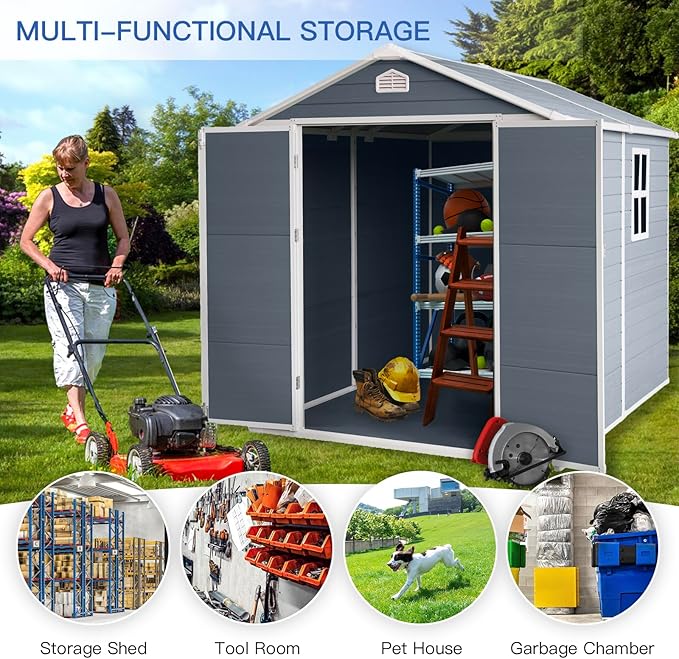 JT 6×8ft Resin Outdoor Storage Shed,Outdoor Storage Shed with Floor & Window to Store Patio Furniture, Garden Tools Bike Accessories, Beach Chairs and Lawn Mower. (6ft×8ft)