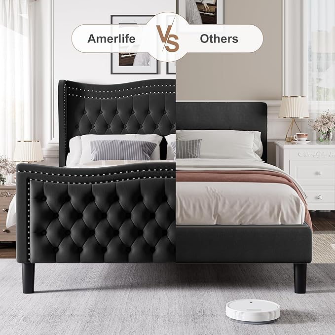 King Bed Frame with Tall Headboard & Footboard, Velvet Upholstered Platform Bed Frame with Deep Button Tufted Wingback, No Box Spring Needed, Noise Free, Black