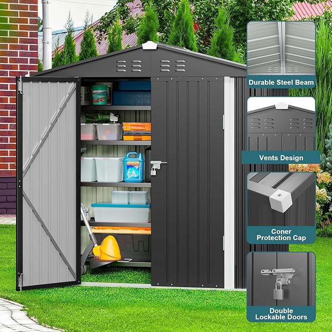 Gizoon Outdoor Storage Shed 6 x 4 FT, Galvanized Metal Garden Shed with Double Lockable Doors, Outdoor Storage Clearance for Backyard Patio Lawn-Dark Grey