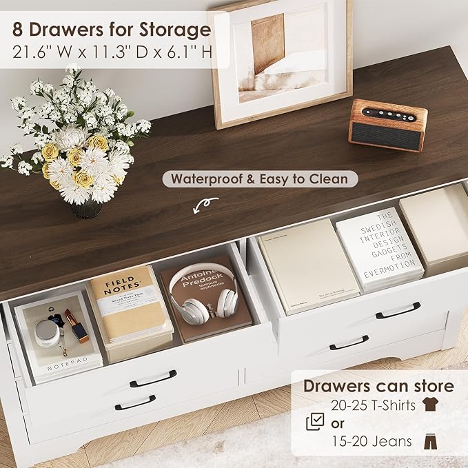 Farmhouse 8 Drawer Dresser for Bedroom, 52" Wide Chest of Drawers, Wooden Dresser TV Stand, Storage Dressers Organizer for Bedroom, Living Room, Hallway, White