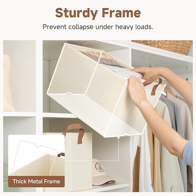 StorageWorks Storage Bins, Shelves Baskets for Organizing, Large Fabric Closet Organizers with Handles, Metal Frame, Beige（Texture）, 2-Pack