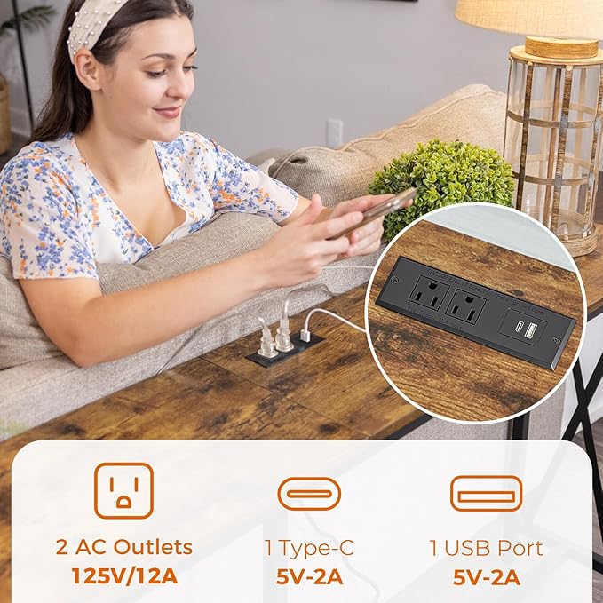SUPERJARE 70 Inch Console Table with Outlets and USB-C Port, Extra Long Behind Couch Sofa Table with X-Shaped Design, Narrow for Entryway, Living Room, Metal Frame, Wooden Top, Rustic Brown