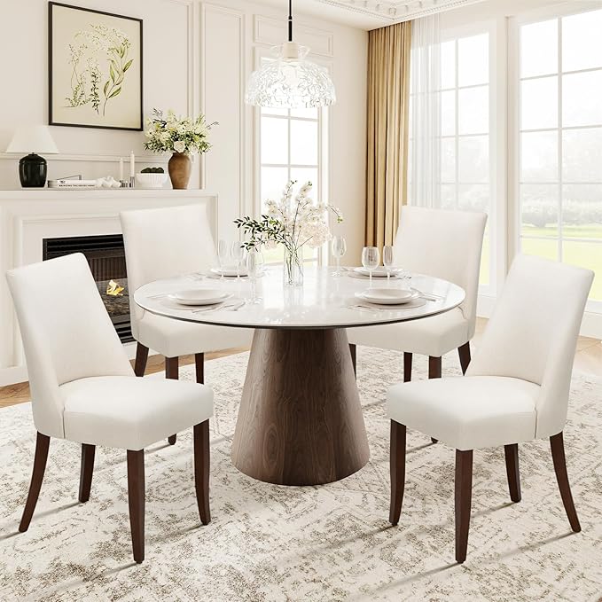 COLAMY Upholstered Dining Chairs Set of 4, Mid Century Modern Kitchen Chairs with Back, Farmhouse Fabric Side Dining Room Chairs with Wood Legs for Dining Room Restaurant, Beige