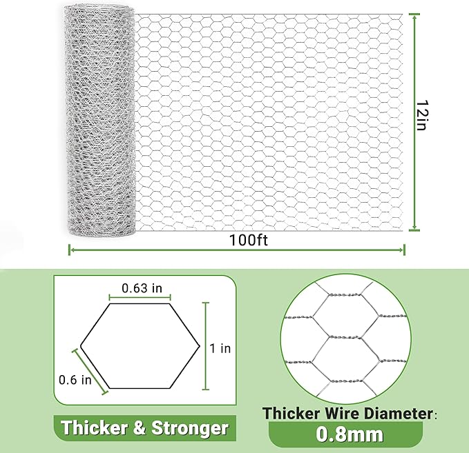 HITTITE Chicken Wire Fencing Mesh, 12 Inch x 100Feet Metal Floral Chicken Wire Fence for Crafts, Hexagonal Galvanized Garden Fence Poultry Netting for Chicken Coop Barrier Rabbit Cage