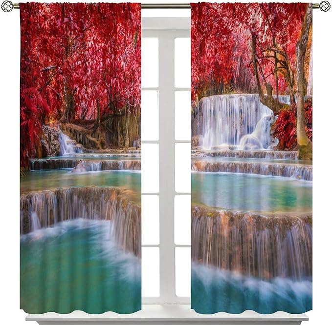 Natural Landscape Waterfall Blackout Curtains, Scenic View Waterfall Forest Autumn Window Drapes, for Bedroom Living Room 63" W X 72" L