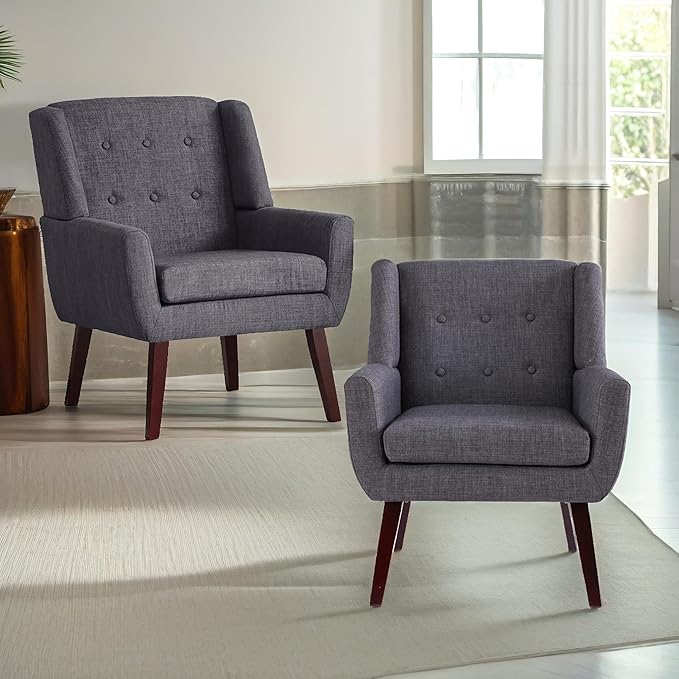 HUIMO Button-Tufted Accent Chairs Set of 2,Upholstered Reading Living Room Chair,Mid Century Modern Chair with Linen Fabric, Club Chair,Comfy Arm Chairs for Living Room,Bedroom,Grey