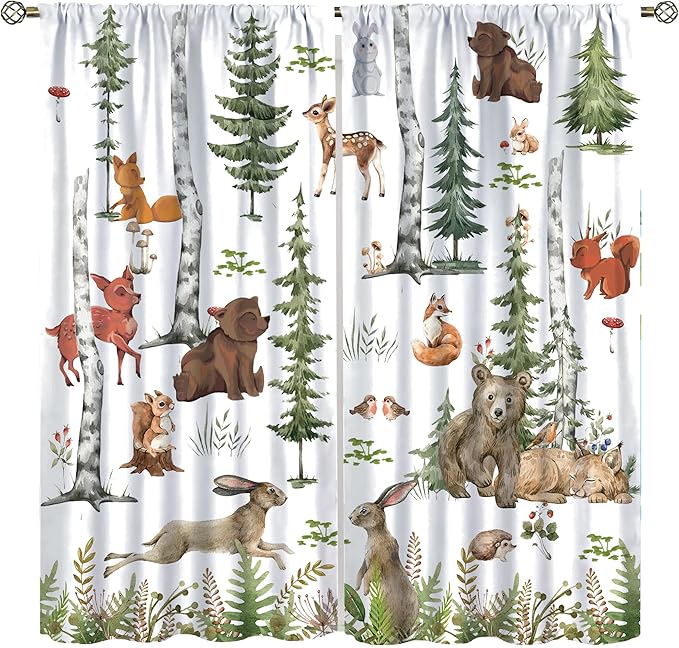 Animal Kids Curtains, Woodland Squirrel Rabbit Bear Animal Friends Forest Curtains for Boys and Girls Bedroom Living Room Kitchen 42x54 Inch