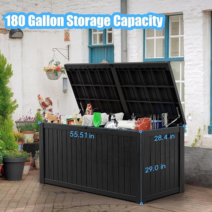 180 Gallon Outdoor Storage Box – Resin Deck Box with Lockable Lid, Waterproof Patio Furniture Storage for Tools, Garden & Yard Organization