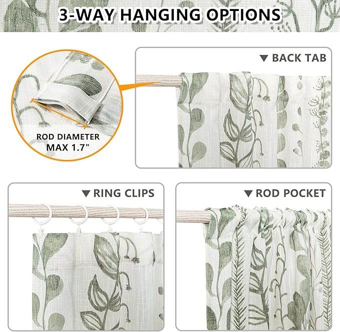 MEETSKY Sage Green Curtains 63 Inches Long Boho Curtains for Living Room Bedroom Semi-Sheer Linen Style Back Tab Drapes Light Filtering Leaf Printed Window Curtain, 50” Wide Each Panel, 2 Panels