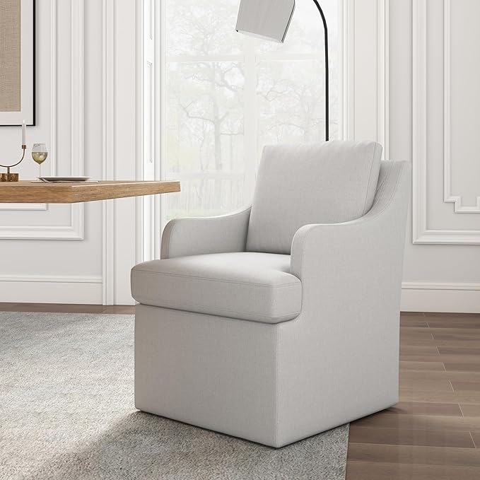 VKNOW Upholstered Dining Chairs Set of 4, Modern Kitchen Chairs Dinner Chairs with 4 Casters, Linen Armchair for Bedroom Reading Room Living Room, Light Grey