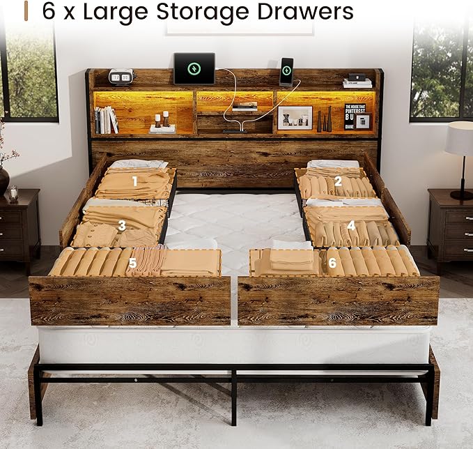 Queen Storage Bed Frame with 6 Drawers, USB Charging Station, No Noise