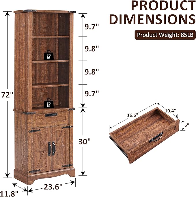 OKD 72'' Tall Bookshelf with Storage, Farmhouse 4 Tier Bookcase w/Barn Door, Adjustable Shelves and Drawers, Rustic Wooden Office Bookshelves for Home, Living Room, Library (Reclaimed Barnwood Color)