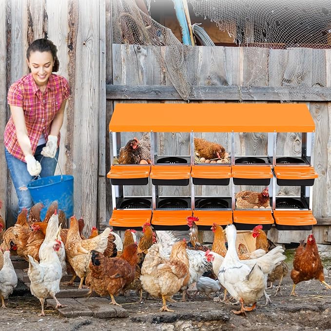 GarveeLife Chicken Nesting Box, 10 Compartments Nesting Boxes for Chickens, Chicken Laying Boxes, Roll Away Nesting Box for Chickens Laying Egg with Lid Cover to Protect Eggs, Orange