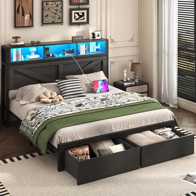 Farmhouse Queen Bed Frame with Bookcase Storage Headboard, Charging Station