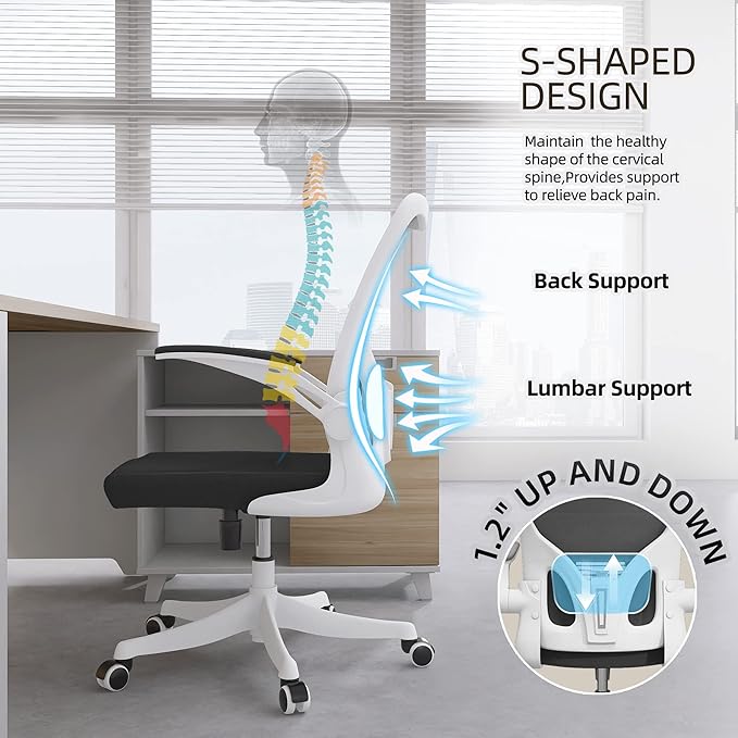 Monhey Office Chair - Ergonomic Office Chair with Lumbar Support & Flip Up Arms Home Office Desk Chairs Rockable High Back Swivel Computer Chair White Frame & Black Mesh Study Chair
