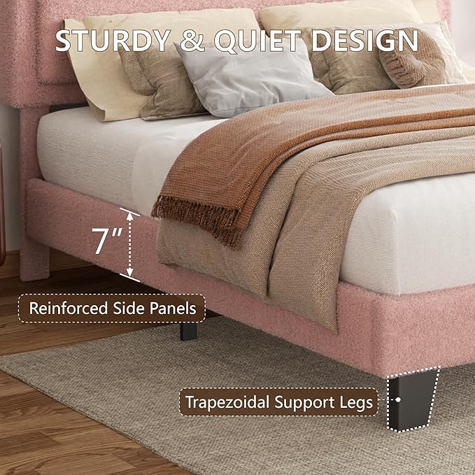 Full Size Boucle Bed Frame, Upholstered Platform Cloud Bed Frame with Headboard, Soft Teddy Fabric, Modern Style, No Box Spring Required, Easy Assembly, Pink