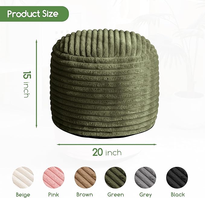 HIGOGOGO Round Stuffed Pouf Ottoman, Corduroy Poufs with High-Density Foam Filling, Furry and Fluffy Pouf Foot Stool Storage Ottoman, 20 X 15 Floor Poufs Foot Rest for Living Room, Green