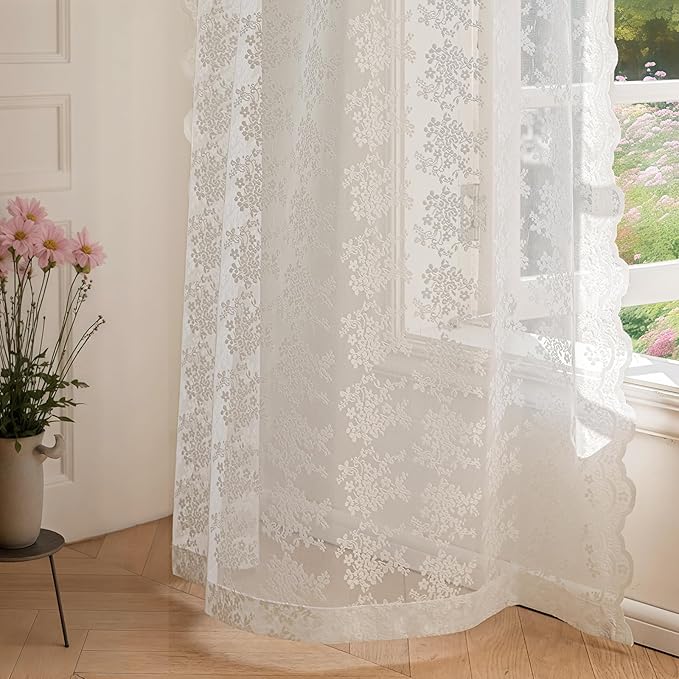 Anmao Vintage White Lace Curtains 80 Inches Long 2 Panels Set, Romantic Elegant Light Filtering Semi Sheer Floral Thick Lacy Curtain Drapes for Living Room and Bedroom, Each Panel 55W x 80L, Off White