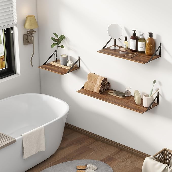 Deep Floating Shelves for Wall, 12 Inch Deep Floating Shelves Set of 2, 16"W x 12"D Wall Shelf, Wide Display Ledges Shelves for Bedroom, Bathroom, 12 Deep Bookshelf Wall Mounted - Walnut Color