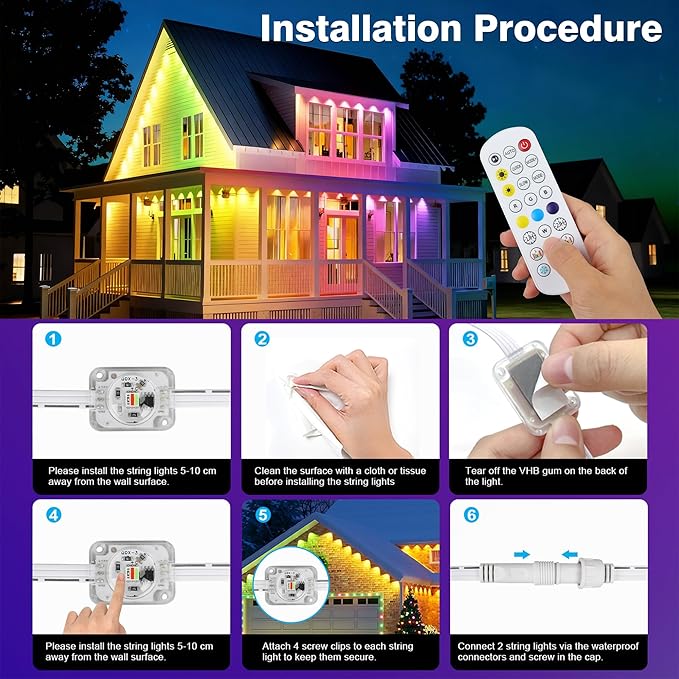 247FT 90LEDs Permanent Outdoor Lights, IP67 Waterproof, Easy Install Under Eave