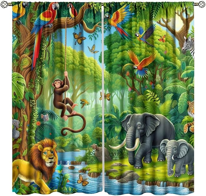 Animals Window Curtain Cartoon Jungle Forest Elephant Lion Print Curtains for Kids Boys Girls Nursery Baby Bedroom Playroom Home Decor Window Drapes 72" W X 63" L