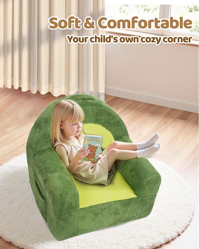 Toddler Chair, Comfy Foam Kids Couch with Soft Velvet Cover, Toddler Couch with Cute Avocado Design for Gaming and Studying, Kids Sofa for Boys and Girls