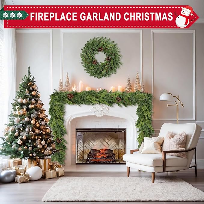6 Ft Real Touch Christmas Garland Indoor with Pine Cone,Thick and Lush，Soft Bendable Mantle Garland Christmas, Lifelike Cedar Garland, Christmas Garland for Mantle,Indoor Christmas Decorations