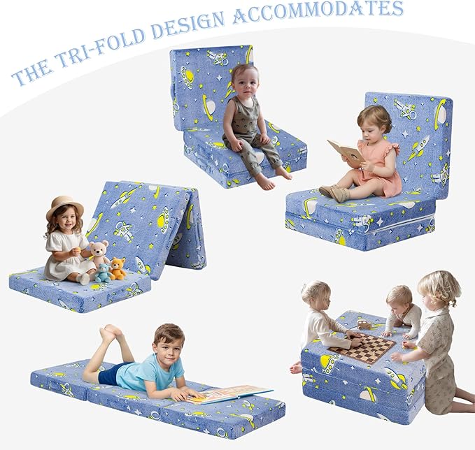 MeMoreCool Foldable Floor Mattress for Kids, Glow Toddlers Trifold Nap Mat, Kids Folding Mattress Portable Sleeping Futon for Daycare or Floor Bed, 57x22 Inch Blue