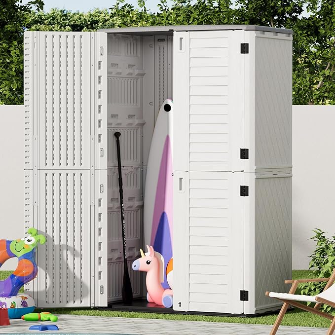 Outdoor Storage Cabinet Waterproof,Resin Vertical Storage Shed Lockable, 66 Cubic Feet Outdoor Storage Box for Garden/Backyard/Home/Pool