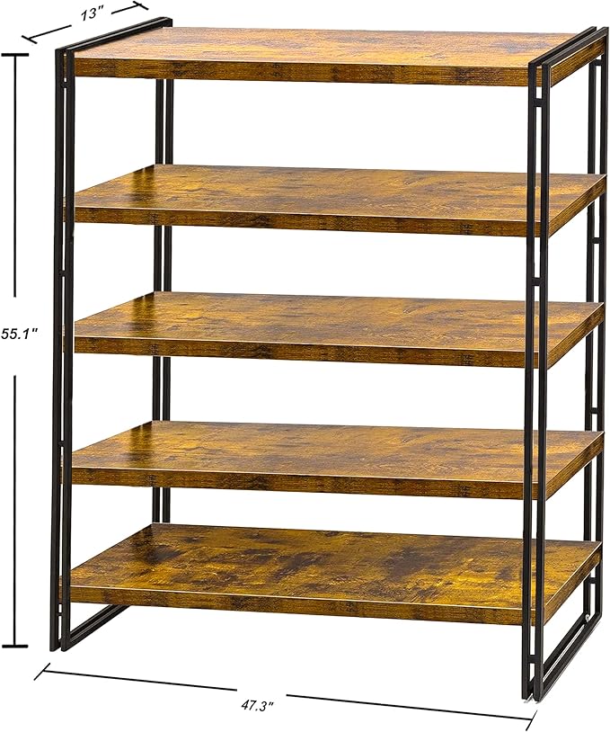 47" 5-Tier Bookshelf Rustic Wood and Metal Industrial Bookshelf for Home Office, Bedroom, Kitchen, Bathroom (Rustic Brown, 5-Tier)