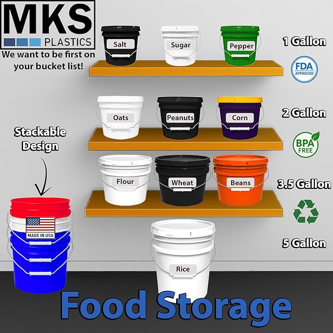 2-Gallon Bucket with Airtight Lid – Made in USA, Food Grade BPA Free Plastic, Heavy Duty Multi-Use, Metal Handle with Grip, Stackable Storage – White, 4 Pack