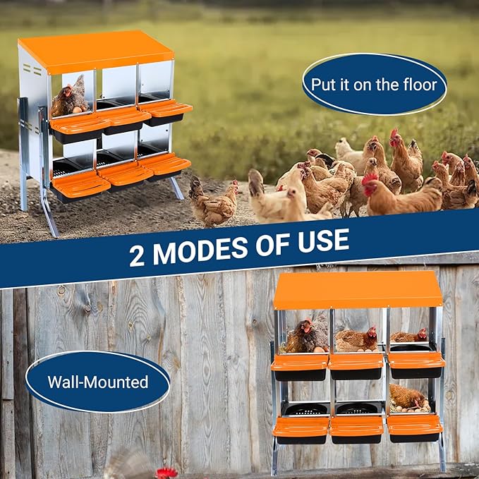 GarveeLife Chicken Nesting Box, 6 Compartments Nesting Boxes for Chickens, Chicken Laying Boxes with Legs, Roll Away Nesting Box for Chickens Laying Egg with Lid Cover to Protect Eggs, Orange