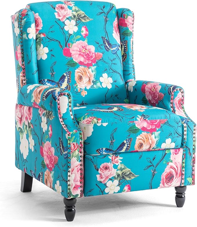 UIXE Floral Pushback Recliner Chair, Fabric Upholstered Armchair Push Back Accent Chair for Living Room, Rivet Trim Club Chair Home Theater Single Sofa Reading Seat - Peacock Blue