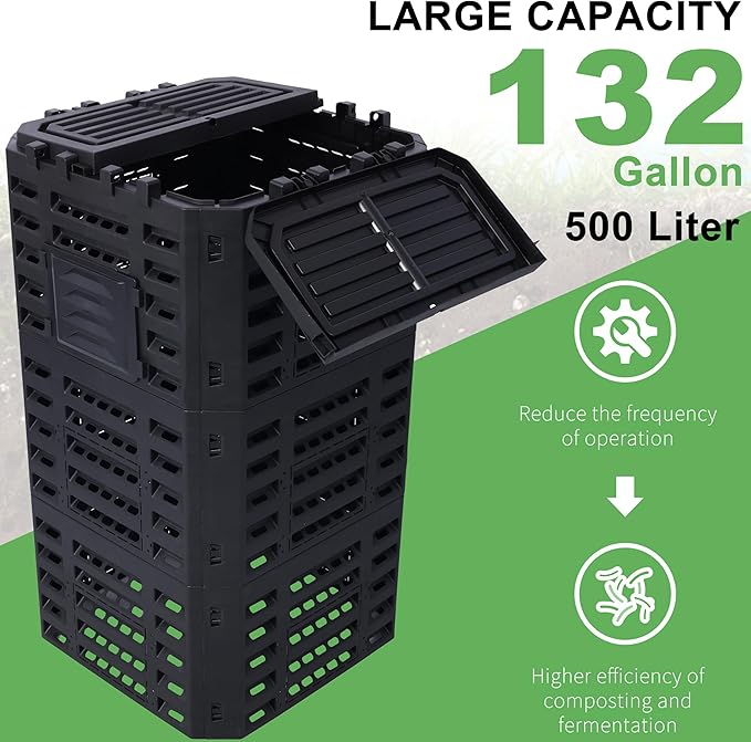 Black Garden Composter Bin - 132 Gallons of Recycled Plastic for Easy Assembly & Aerating Composting – Create Fertile Soil with Lightweight Outdoor Compost Box