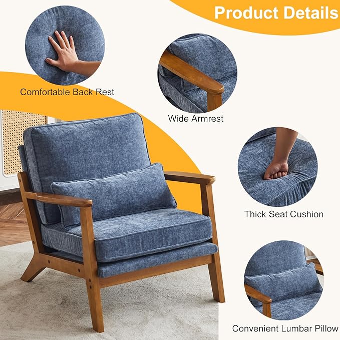 Karl home Accent Chair Wide Armrest Mid-Century Lounge Chair Chenille Armchair with Lumbar Pillow & Solid Wood Frame for Living Room, Bedroom, Balcony, Dusty-Blue