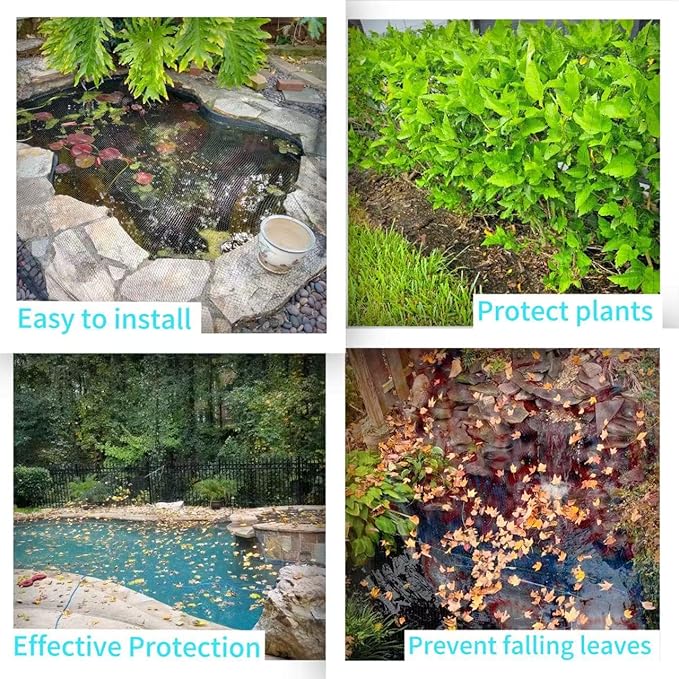 JUNFLYING 10x10 Ft Pond Netting for Leaves, 1/2 in Fine Mesh, Strong Woven Koi Fish Net Cover, Against Birds, Cats & Predators, Stakes Included