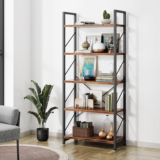 Shintenchi 5 Tiers Bookshelf, Classically Tall Bookcase Shelf, Industrial Book Rack, Modern Book Holder in Bedroom/Living Room/Home/Office, Storage Rack Shelves for Books/Movies-Rustic Brown