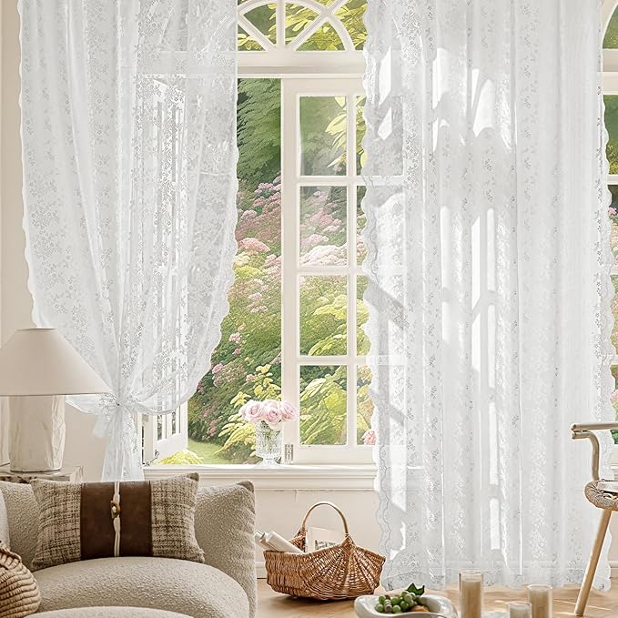 Anmao Vintage Lace Curtains 84 Inches Long 2 Panels Set, Romantic Elegant Light Filtering Semi Sheer Floral Thick Lacy Curtain Drapes for Living Room and Bedroom, Each Panel 55W x 84L, Bright White
