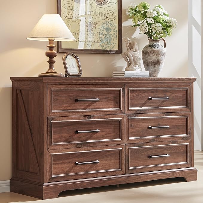 ACCOHOHO Farmhouse 6 Drawer Dresser for Bedroom, 52 Inch Wide Modern Dresser TV Stand with Large Drawers & Bar Handles, Rustic Wood Chest of Drawers for Bedroom, Living Room, Hallway, Brown