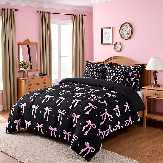 7 Pieces Pink Bowknot Kids Comforter King,Stars Watercolor Bow Tie Patchwork Bedding Set,Butterfly Knot Princess Black Noble Chic（Comforter+Fitted+Flat Sheet+2 Pillowcases+2 Throw Pillow Covers）