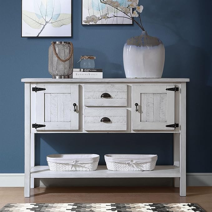 Solid Wood Farmhouse Console Table,Sofa Table with Storage Drawers and Shelves,Entryway Table for Entry Hallway Foyer Sofa Side Table,Fully Assembled (48" Antique White)