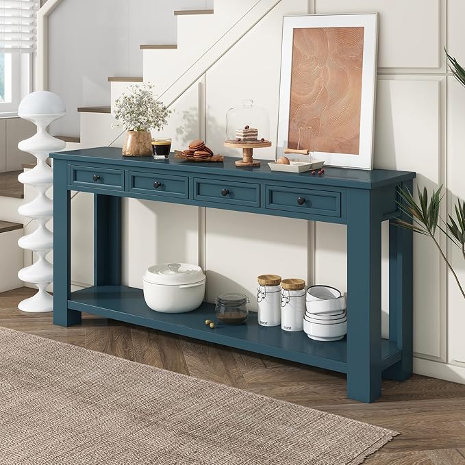 Solid Wood Console Table,63 in Long Sofa Table Entryway Table with 4 Drawers and Bottom Shelf for Hallway Living Room Couch Table,Fully Assembled (63" Dark Blue)