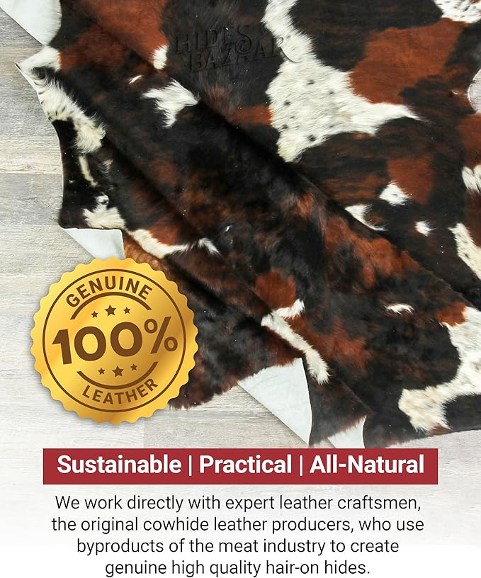 Natural Cowhide Rug for Home & Office Premium Dark Tricolor Cowhide Rug with Unique Dark Brown, Black & White Patterns- Cow Hide Rugs Made with Tanned Leather - Cow Hide Rugs 6x6-7 ft