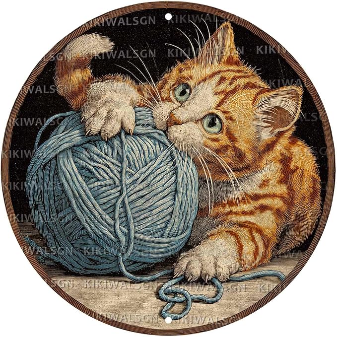Vintage Orange Tabby Round Metal Sign Retro Yarn Ball Tin Sign Nostalgic Cat Lovers Wall Decor Decorations for Home Bedroom Living Room Cafe Bar Bathroom Shop 12 * 12 In